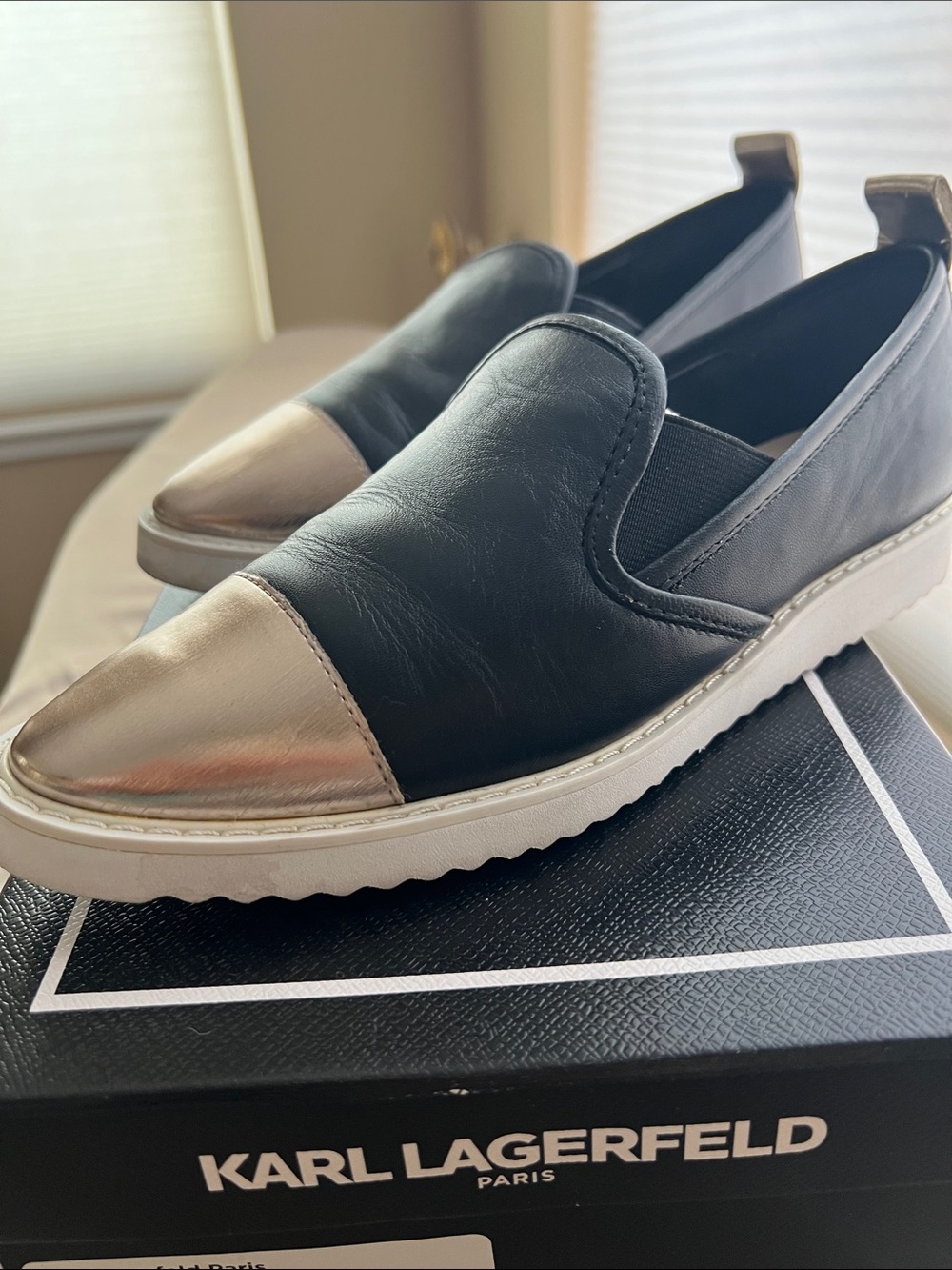 Karl Lagerfeld Black Leather Slip-On Sneakers with Metallic Gold Toe Size 6M